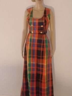 Beeline Fashions Orange Plaid 60's Vintage Satin Maxi Dress New Old Stock 10